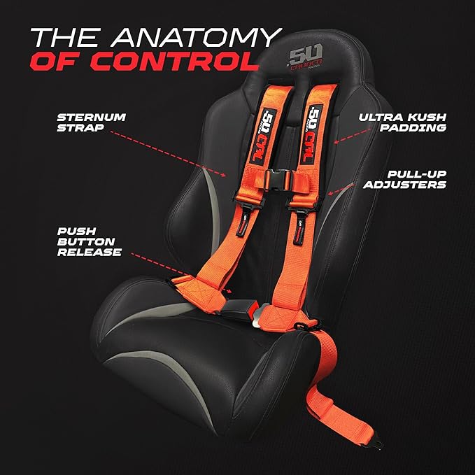 1pc 4 Point Harness for Bucket Seat, Push Release, 10 Color Options, Racing Harness, Race Car, Off Road, UTV, RZR (3in Orange)
