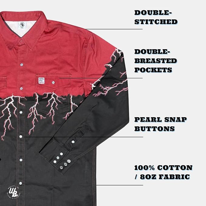 WoahBros FR Shirts for Men, 8oz Midweight Flame Resistant Welding Shirt, 100% Cotton, Pearl Snap Buttons - CAT2/NFPA2112