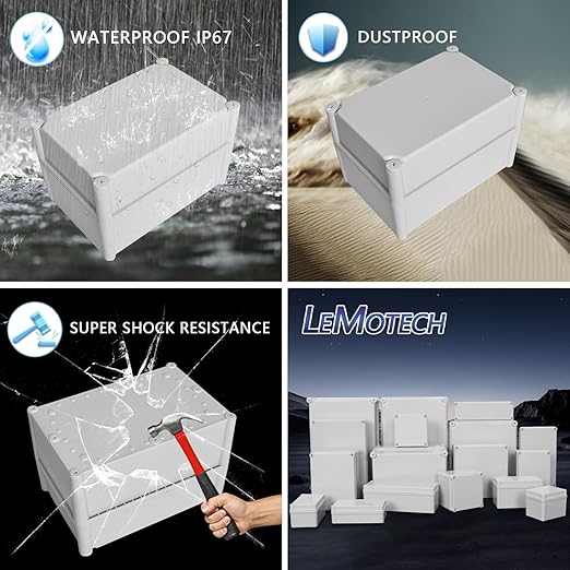 LeMotech IP67 Waterproof Junction Box ABS Plastic Project Box Dustproof Electrical Box Outdoor Enclosure for Electronics DIY Case Gray 11x 7.5X 7.1 inch (280x 190x 180 mm)