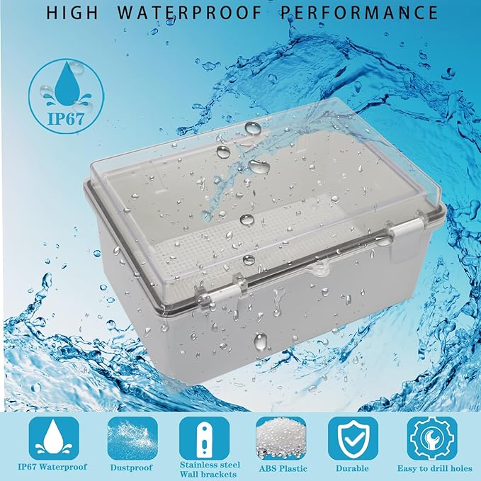 Waterproof Outdoor Electrical Box Junction Box Weatherproof IP67 ABS Plastic Enclosure Switch Router Project Box with Mounting Plate with Wall Bracket 2 Cable Glands Clear 11.4"x7.5"x5.5"