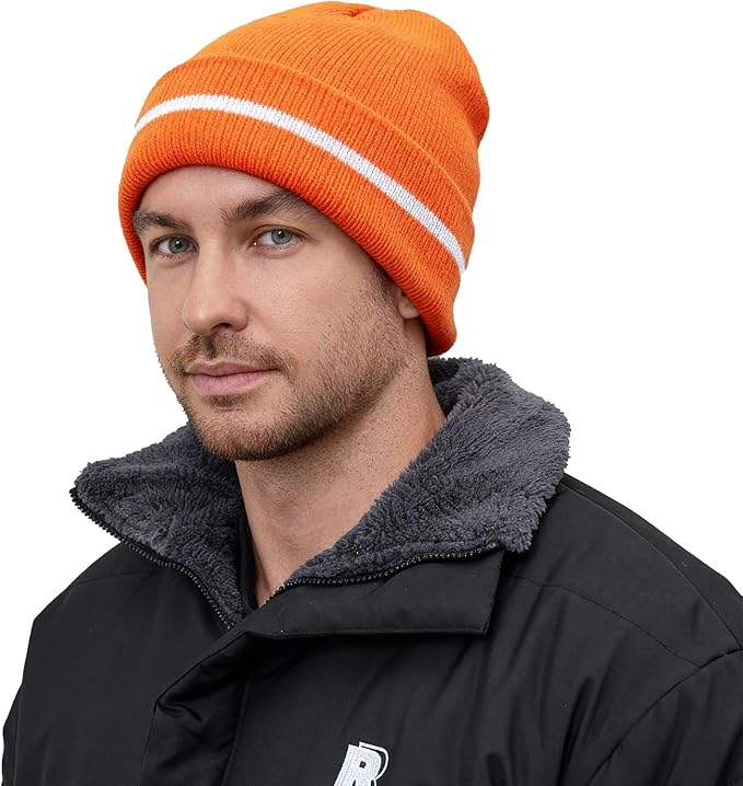 MELASA Fleece Lined Warm Winter Hat, High Visible Reflective Strip Knit Cuffed Beanie Safety Hat for Outdoor Work Running