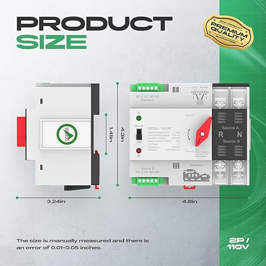 Automatic Transfer Switch 100A AC110V/220V, Dual Power ATS 2P/4P Automatic/Manual Transfer Switch din Rail mounting for Home Generator, RV，Public/Backup Power Supply