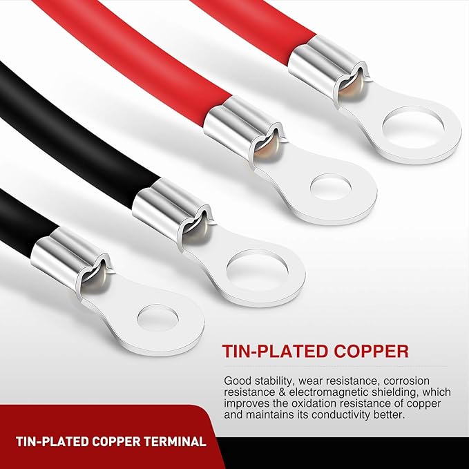 Nilight 6 AWG 20 Inch Each Battery Power Inverter Cables w/Tinned Wire Terminals Red Black 3/8 Inch Lugs Copper Parallel Oxygen-Free Wires for Solar Motorcycle Automotive Cars