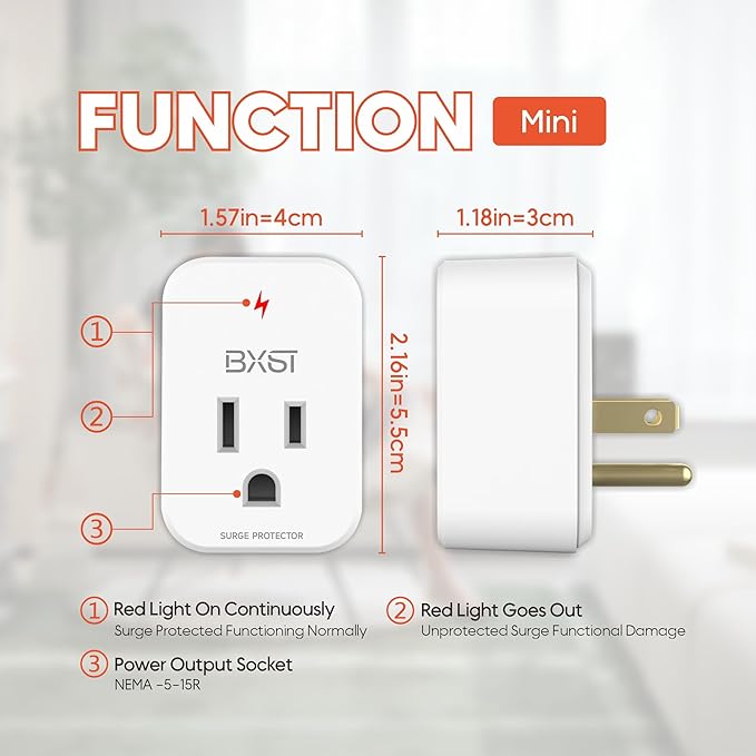 BXST Single Outlet Surge Protector, Refrigerator Surge Protector Wall Socket,Ground Protected Light Indicator for TV, Air Conditioner, Washing Machine and Home Appliances,15A 1800W, 2 Pack