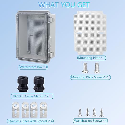 IP67Junction Box, ABS Plastic Outdoor Waterproof Box Electrical Enclosure with Stainless Steel Latch, Hinged Cover Electric Box with Mounting Plate 8.3"x6.3"x3.9"