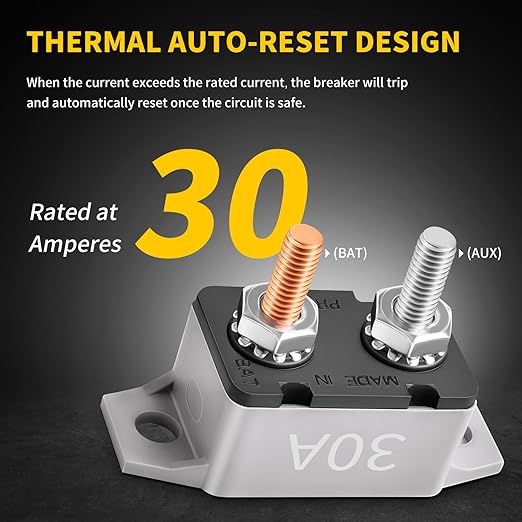30 Amp Automatic Reset Circuit Breaker with Cover Stud Bolt, 6 Pieces 12V-24V DC for Automotive Marine Boat Car RV Truck Solar System and More, IP66 Waterproof (Black Cover)