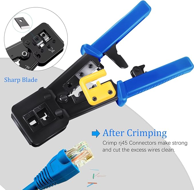 PETECHTOOL RJ45 Crimp Tool Cat6 Cat5e Cat5 Ethernet Crimper Kit for RJ45 RJ12/11 Pass Through Connectors with 50pcs rj45 Cat6 Pass Through Connectors, 50pcs Covers, Wire Stripper; Network Cable Tester