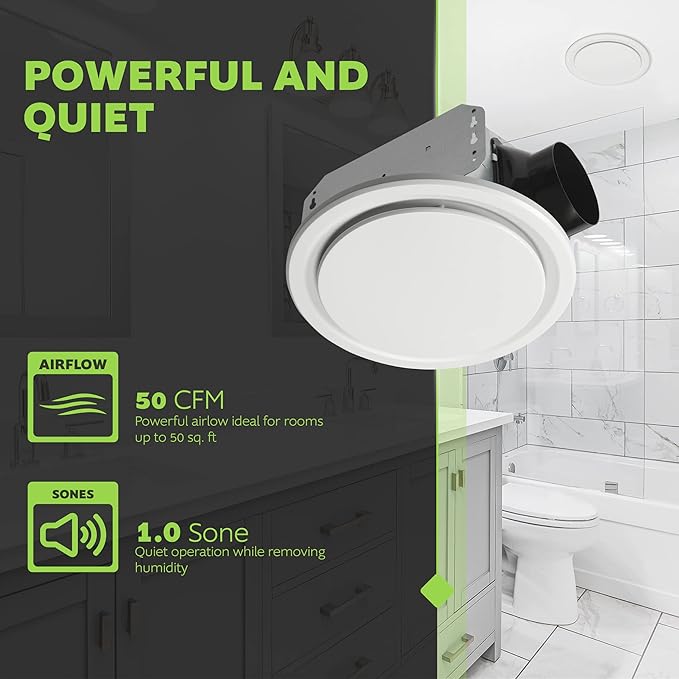 Homewerks 7140-50-G3 Bathroom Fan Ceiling Mount Exhaust Ventilation, Ultra Quiet 1.0 Sones, 50 CFM, White