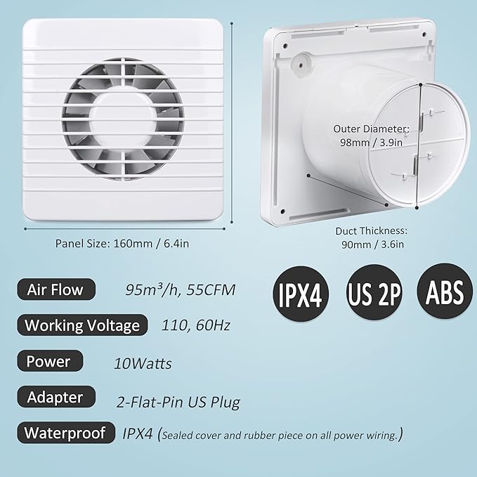 4 Inch Wall-Mounted Exhaust Fan, Small Bathroom Fan, IPX4 55CFM Window Extractor Fan w/with Anti-backflow Check for Toilet, Office, Kitchen