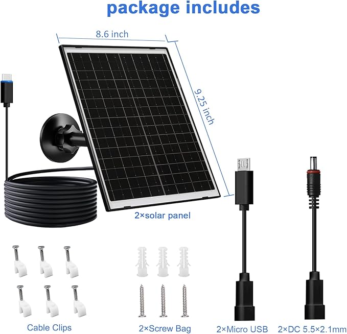 FUTUREZEN 10W Solar Panel for Security Camera, Trail Camera, Type-C Device, Solar Charger with USB-C, Micro USB & DC 5.5x2.1mm Port, IP66 Waterproof, Adjustable Mount, 7.2FT Cable, 2 Pack