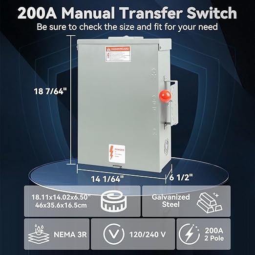 200 Amp Generator Transfer Switch Manual, 48000W General Duty Double Throw Switch, 120/240V, Stronger&Stability, Meeting NEMA 3R Standards for Outdoor and Indoor, Enlarged Enclosure for Easy Wiring