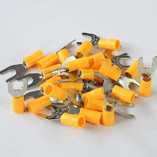 PAPUGA 25PCS 12-10 AWG (4-6 mm2) 1/4" / M6 Wide Version Insulated Fork Spade Crimp Connector, 600V 48A, CE RoHS Industrial Terminal High Current Connector, Control Panels