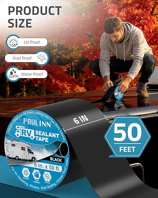 PAULINN Butyl Sealant Waterproof Tape, 6 Inch X 50 Foot Camper Roofing Tape Black, UV & Weatherproof Roof Seal Tape for RV Camper Trailer Boat Window Sealing Leak Repair