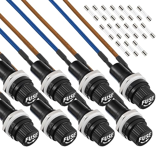 6X30mm Panel Mount Fuse Holder, 250V AC 10A/125V AC 15A, 12V DC, Screw Cap, Pre-Soldered Wires, 10A/15A Fast Blow Glass Fuse Kit