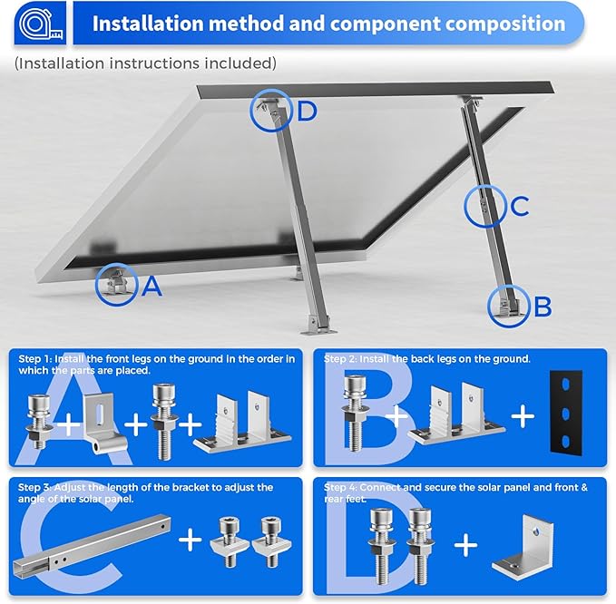 1 Set Adjustable Solar Panel Tilt Mount Brackets Aluminum Alloy Mounting Bracket Stand Systems Support 50W 70W 100W 150W 200W 300W 400W Panels for Roof/Boat/Flat Surface