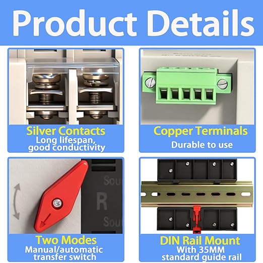 Mini ATS Automatic Transfer Switch Dual Power Changeover Switch 100A 110V Generator Electrical Selector Switches DIN Rail Mount 2P/3P Circuit Breaker Toggle Controller