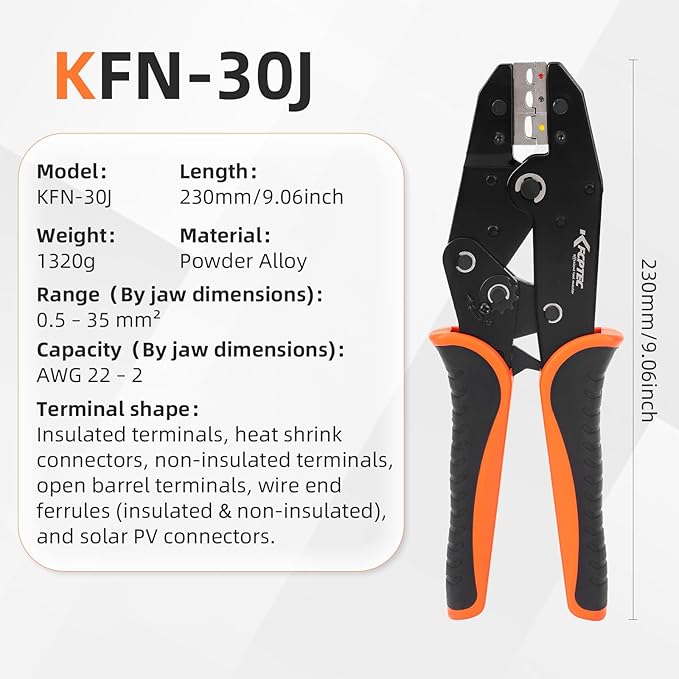 KF CPTEC Heavy Duty Crimping Tool Set, 9PCS Ratcheting Wire Crimper with Interchangeable Jaws, AWG 22-2 (0.5–35mm²), for Ferrules, Heat Shrink, Open Barrel, Insulated & Non-Insulated Terminals, Solar