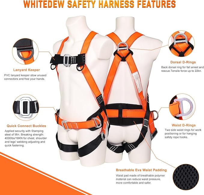 Safety Harness Fall Protection Kit with Shock Absorbing Lanyard, Roofing Work Harnesses Full Body Safety Harness for Construction (Orange)