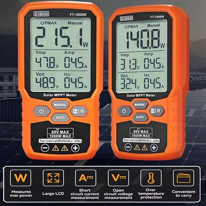 ZIBOO FT-1000W Solar Panel Tester MPPT Meter - 1000W Max Power, 80V/35A PV Module Tester for Voc/Isc, Open Circuit Voltage & Short Circuit Current, with Backlight & Data Hold