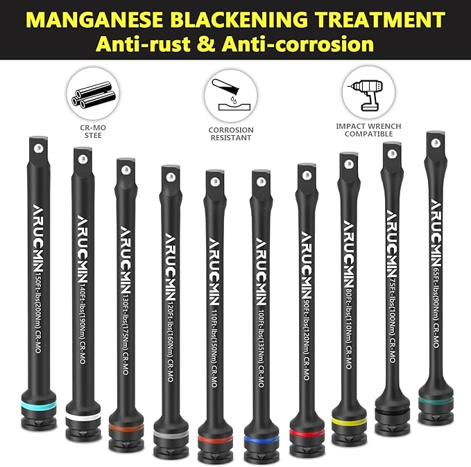 1/2" Drive Torque Limiting Extension Bar Set, 10-Piece Lug Nut Torque Stick Set With 8 Inch Color-Coded 65 to 150 Ft-Lbs Torque Sticks