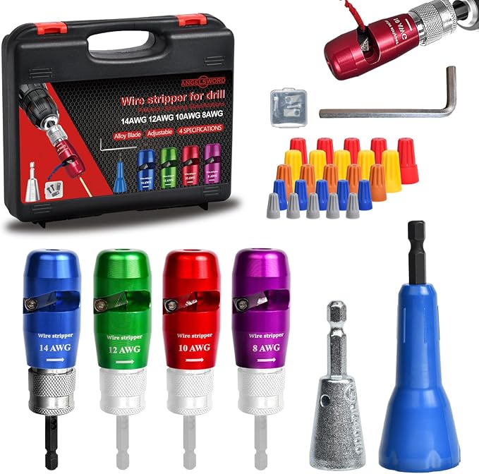 ANGELSWORD Wire Stripper & Wire Twister Tool for Drill, Wire Stripping Tool & Wire Twisting Connector Set 8/10/12/14 AWG, 4 PCS Professional Electrician Tools Set