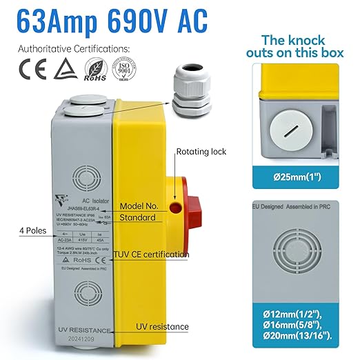 63 Amp Disconnect Switch 690V AC, IP66 Waterproof, Isolation PV Disconnect On Off Combiner Box, 4 Pole 63A Combiner Box for PV System