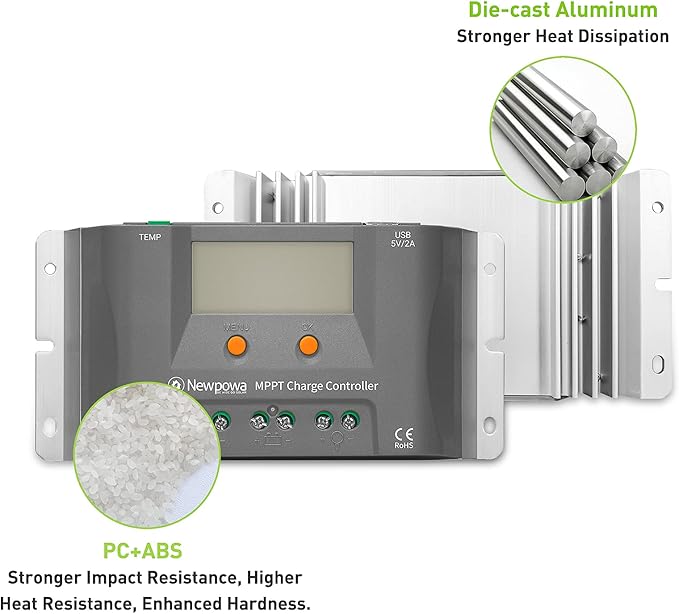 Newpowa 10A MPPT Solar Charge Controller Charge 12V Battery Regulator Dual USB Ports Negative Ground W/LCD Display Up to 130W Off Grid Solar Panel Adjustable for Gel AGM,Liquid Batteries