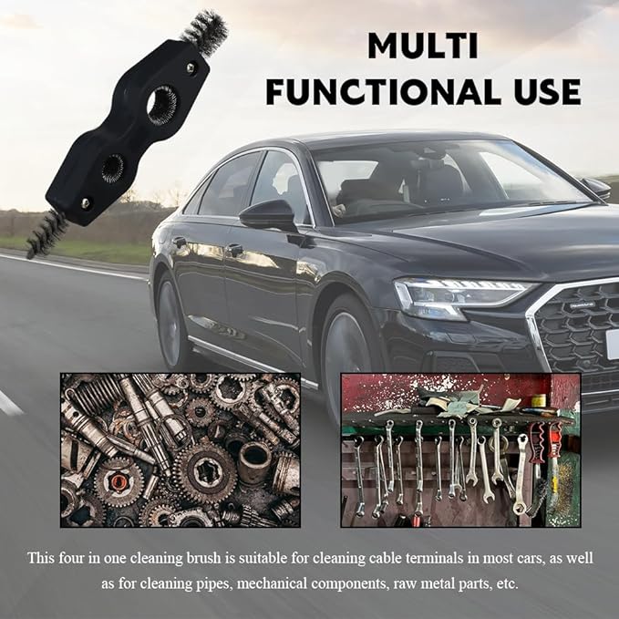 4 in 1 Car Battery Cleaning Brush, Battery Terminal Brush, Anti-Rust Auto Battery Cleaner with Steel Wire, Car Accessories Vehicle Machine Parts Cleaning Tools Fit for Auto Marine (Black)