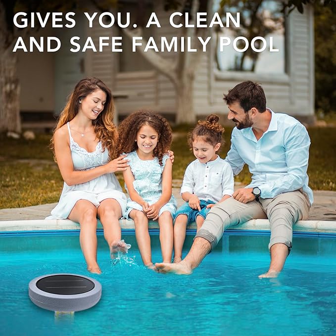 Solar Pool Ionizer - Enhanced with Latest Solar, 90% Less Chlorine, for Pools up to 45,000 Gal, Technology & Longer-Lasting Anode, Reduces Chlorine- Mineral-Based Pool Cleaning Device （Gray）