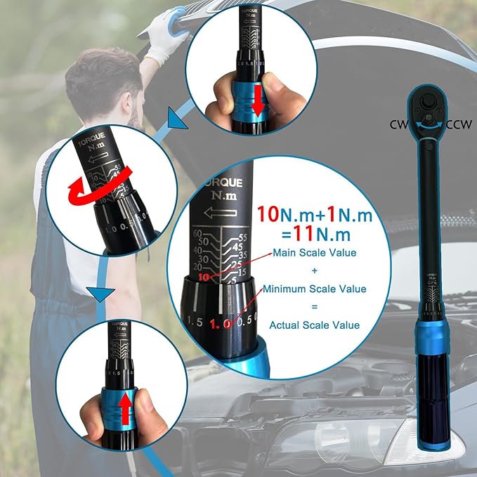 1/4-Inch Drive Click Torque Wrench, 44.3~221.3 IN.LB/5-25 N.m, ±3% Accuracy, 72-Tooth Dual Range Scales Adjustable Torque Wrench for Car Repair, Bike, Motorcycle