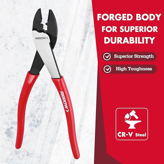 ARROW 9.5" Wire Crimper/Cutter, Wire Crimping Tool with Thick Dip-Grip Handle, CR-V Steel, Crimper Tool Electrical for 10–22 AWG Insulated & Non-Insulated Terminals and Connectors (Pack of 2)