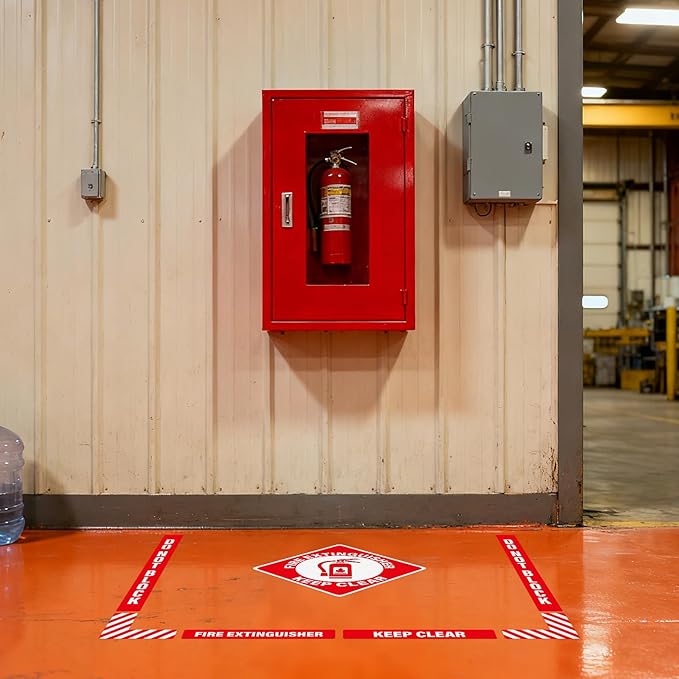 2 Pack Fire Extinguisher Signs Self Adhesive Keep Clear Do Not Block Floor Sign with Strips Waterproof Vinyl Fire Extinguisher Floor Marking Kits for Business Warehouse Office