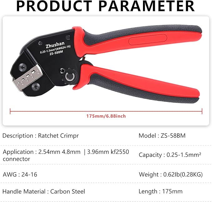 Zhushan ZS-58BM JST Crimper for Open Barrel Terminals - Labor-Saving Tool AWG24-16 (0.25-1.5mm²) - Compatible with Dupont SATA Pins, Molex, JST Terminals