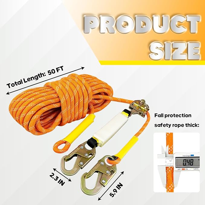 Fall Protection Safety Rope 50FT Heavy Duty Vertical Roofing Ropes with Alloy Steel Grab Snap Hooks Shock Absorber Fall Protection Tree Climbing Line Kit Tree Stand Safety Rope Line Kit