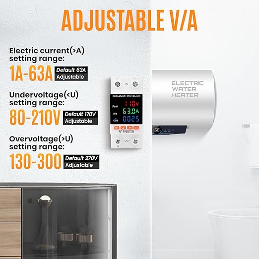 Adjustable Voltage Protector 110/230VAC 2P 63A Adjustable Smart Breaker Voltage Protector Current Limit Metering Overvoltage Undervoltage Time-delay Protection Automatic Reset