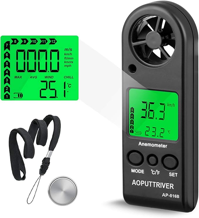 Anemometer Handheld Wind Speed Meter for Measuring Wind Speed Temperature and Max/Average/Current, High Precision Anemometer Measuring for Windsurfing Sailing Fishing Outdoor Activities