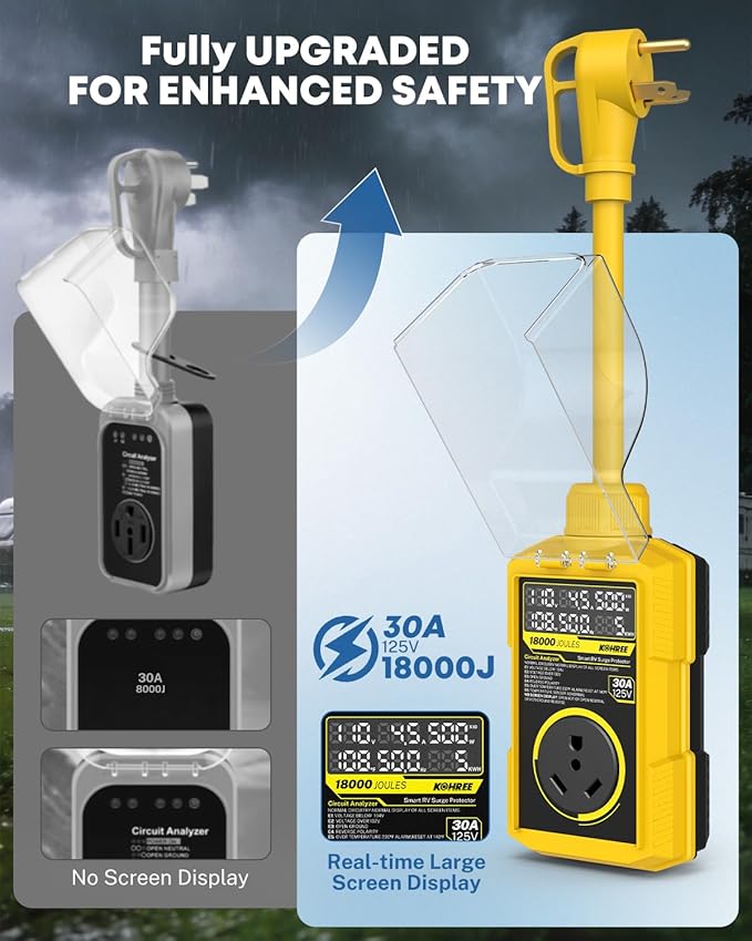Kohree RV Surge Protector 30 Amp, 18000 Joules RV Power Surge Voltage Protection, RV Adapter Plug with Auto Shut Off LED Large Screen Real-Time Circuit Analyzer for Travel Trailers Camper-30A Yellow