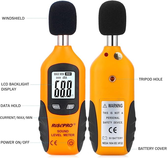 Decibel Meter, RISEPRO® Digital Sound Level Meter 30 – 130 dB Audio Noise Measure Device Backlight MAX/MIN, Data Hold Auto Power Off Dual Ranges HT-80A