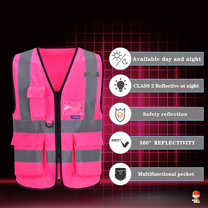 A-SAFETY 7 Pockets Hi Viz Zipper Front Working Safety Vest with Reflective Strips, Multiple Colors Available, Pink 4XL-5XL