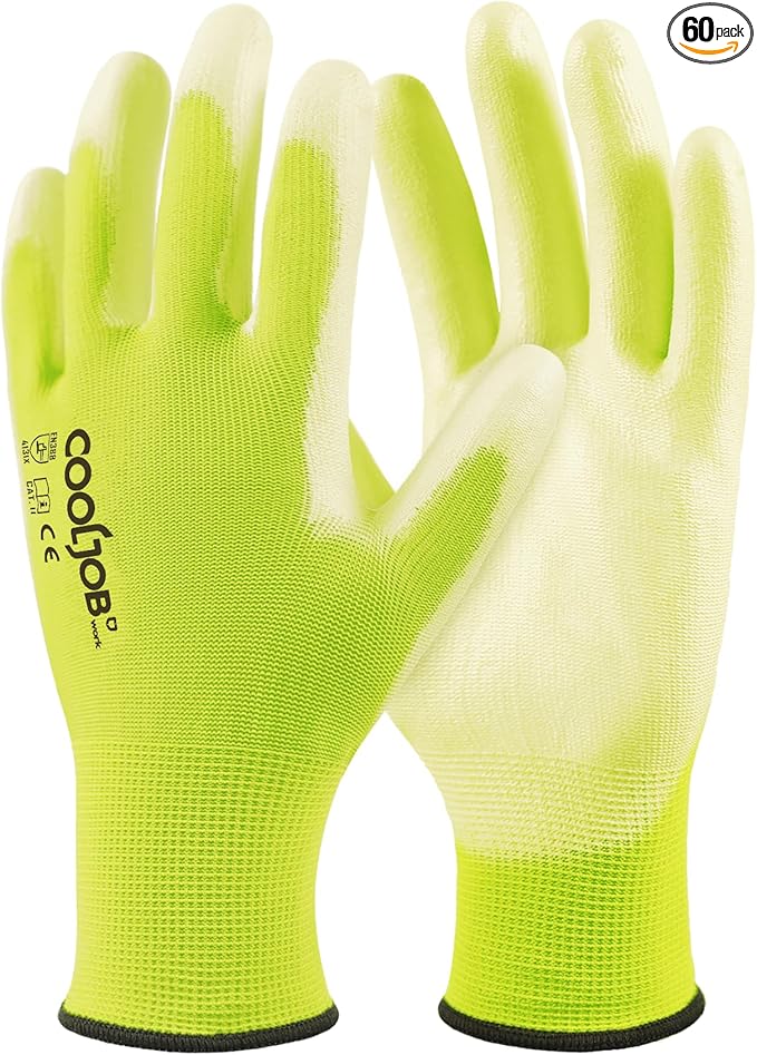 COOLJOB 60 Pairs Safety Work Gloves Pack Bulk with Grip PU Coating, 13 Gauge Seamless Knit Gloves with Polyurethane Dipped for Warehouse Working, Breathable Lightweight for Men Women, Yellow Small