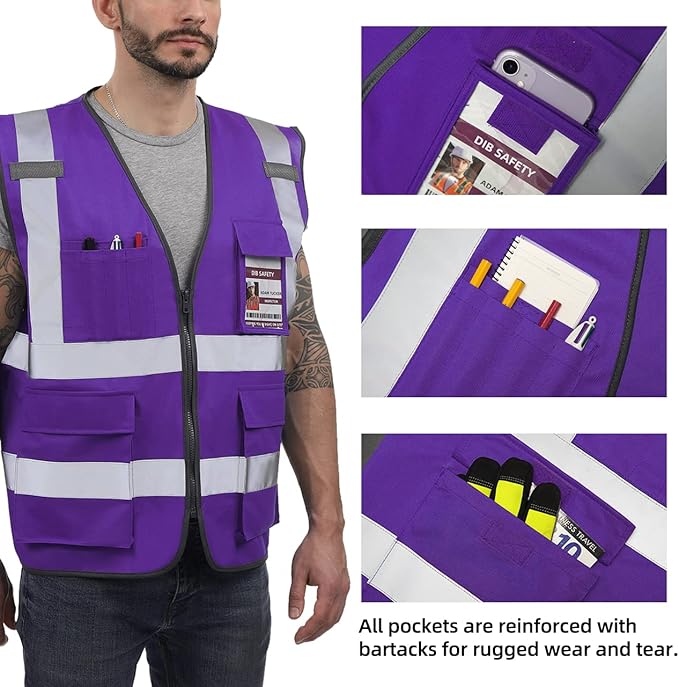 Dib Safety Reflective Vest ANSI Class 2, High Visibility Vest with Pockets and Zipper, Construction Work, Hi Vis