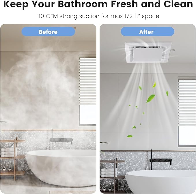 Bathroom Exhaust Fan for Ceiling Mount, Household Bath Vent Ventilation Fans with 1.0 Sones Quiet Operation, 110 CFM with 4" Duct Collar, 26W Low Consumption (housing size 9.2"x9.2")