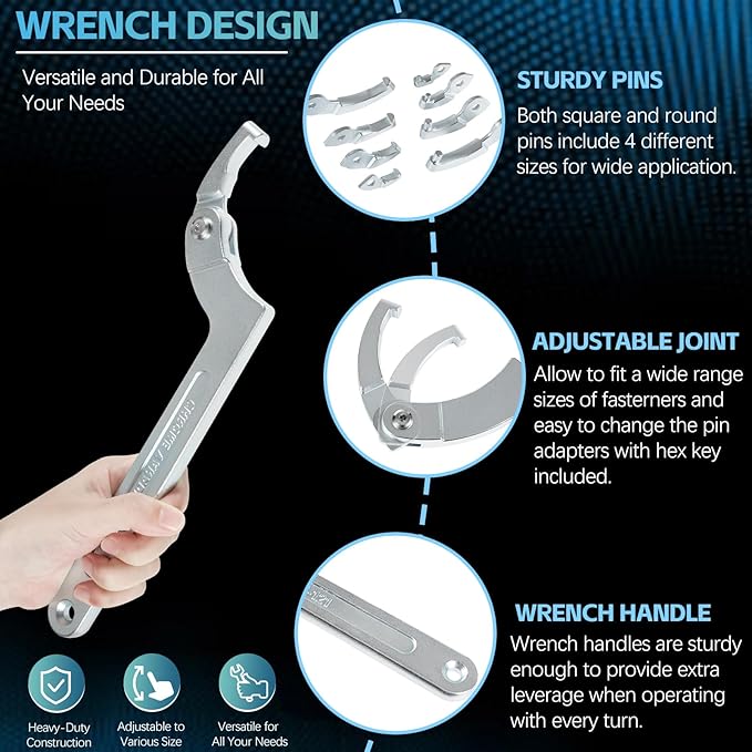 Sunluway Adjustable Pin Spanner Wrench Tool Set, 9 Pack C Spanner Nut Wrench Tools with Changeable Heads, Coilover Hook Wrenches for Suspension System Collar, Nut Adjustment, 3/4" to 6-7/10"