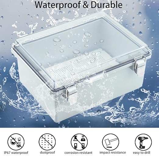 Junction Box, Hinged Clear Cover Stainless Steel Latch IP67 Waterproof ABS Project Box with 2 Cable Glands,Electrical Box Enclosure with Mounting Plate & Wall Bracket 15.7x11.8x7.1inch