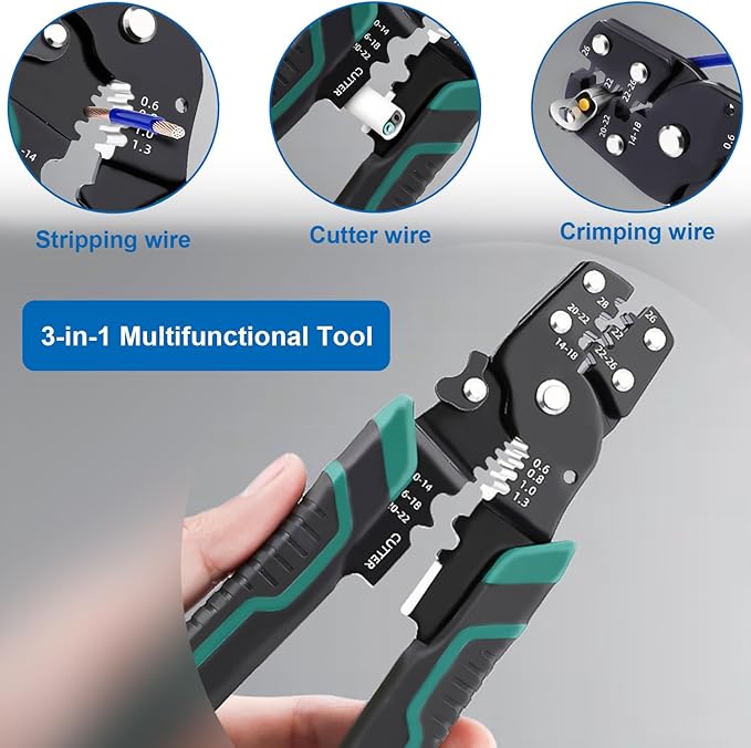smseace Green Wire Crimping tool Wire crimper,stripper and cutterfor insulated/Bare/Heat Shrink connectors(22-10 AWG) Multifunctional stripping crimping pliers Wire stripper and crimping tool