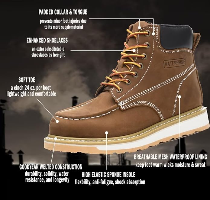 Work Boots for Men, 6" Soft Toe Wedge Sole Waterproof Safety Boots, Comfortable Construction Work Safety Shoes