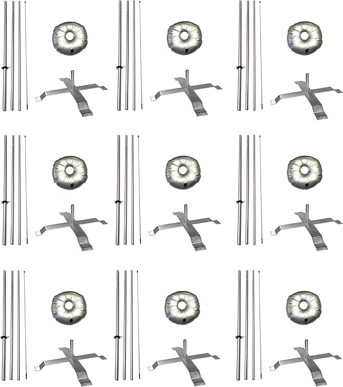 Feather Flag Telescoping fibre glass Hardware 14ft fibreglass Carbon fibre Flexible Pole tip Kits with Cross-Base and Weight-Donut Hardware Only. (Pack 9)
