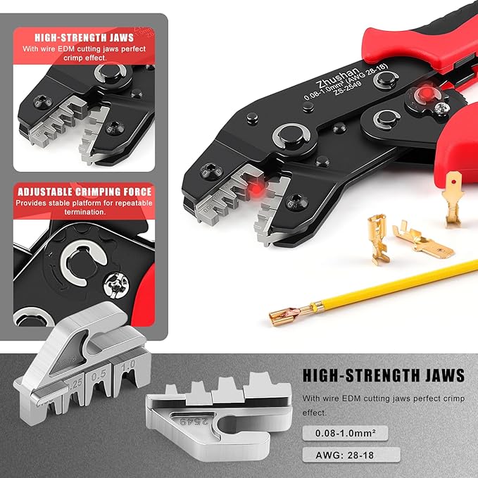 Zhushan ZS-2549 Precision Ratcheting Crimping Tool for JST, Molex, Dupont Terminals – Fits ZH 1.5mm, PH 2.0mm, XH 2.5mm, VH 3.96mm, Dupont 2.54mm, AWG 28-18 (0.08-1.0mm²) – Professional Wire Crimper