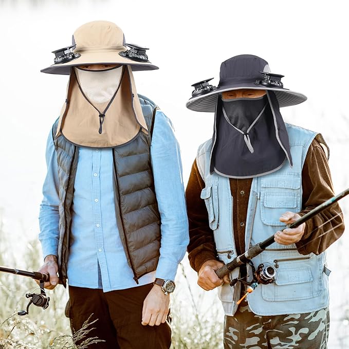 2 Pcs Solar Fan Hats Wide Brim Fishing Hats with 2 Solar Fan and Removable Face Cover Cooling Buckets for Men Women