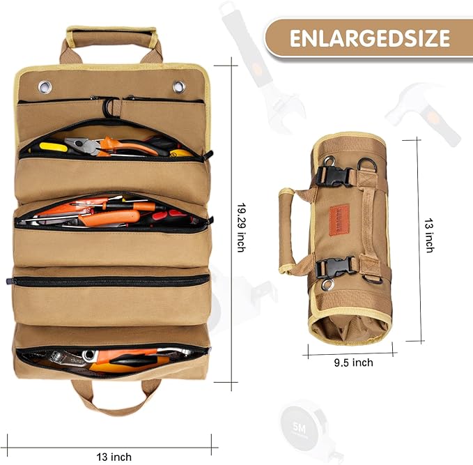 Roll Up Tool Bag, Heavy Duty Portable Tool Organizer with 2 Detachable Pouches and 4 Compartments, Water-Resistant Canvas Tool Roll for Car Garage Electrician Mechanic Handyman (Khaki)